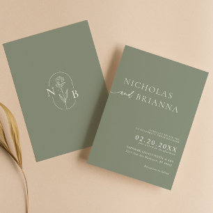 Sage Green Modern Minimalist Boho Wedding Monogram Invitation