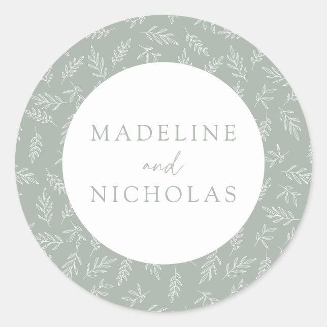 Sage Green Modern Minimalist Botanical Wedding Classic Round Sticker (Front)
