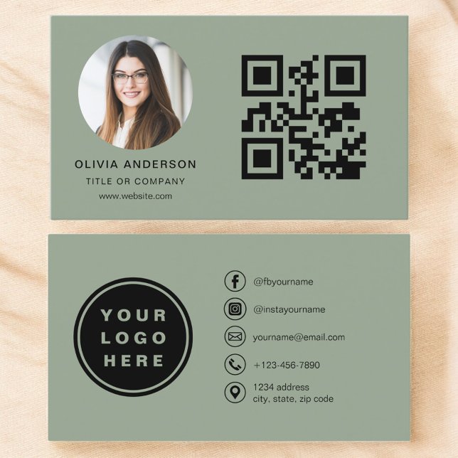 Sage Green Modern Minimalist Photo with QR Code Business Card (Creator Uploaded)