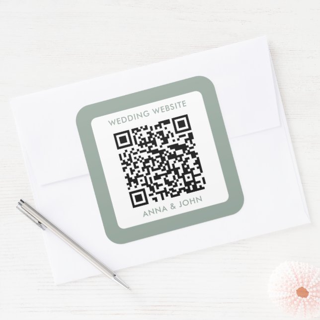 sage green modern minimalist wedding qr code square sticker (Envelope)