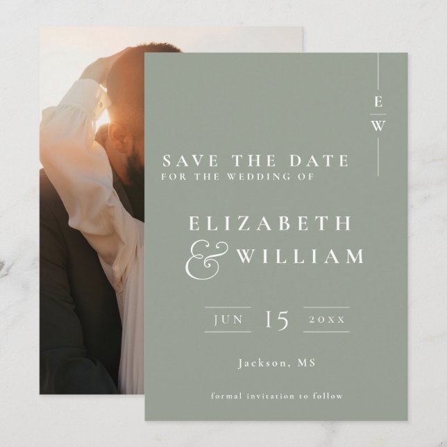 Sage Green Modern Monogram Photo Wedding Save The Date (Front/Back)