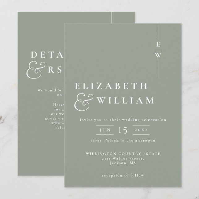Sage Green Modern Monogram Wedding QR Code Invitation (Front/Back)