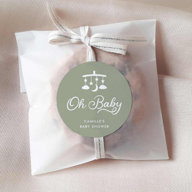 Sage Green Modern Oh Baby Shower  Classic Round Sticker (Oh Baby Sage Green Favor Round Sticker)