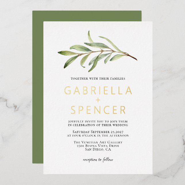 Sage Green Modern Olive Branch Wedding Gold (Front/Back)