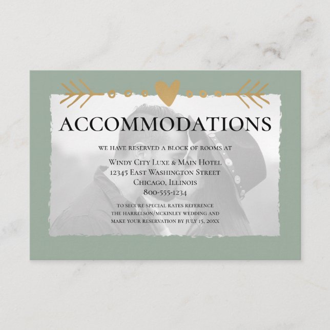 Sage Green Modern Photo Gold Hearts Accommodations Enclosure Card (Front)