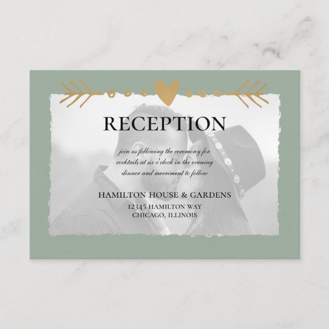 Sage Green Modern Photo Gold Hearts Reception Enclosure Card (Front)