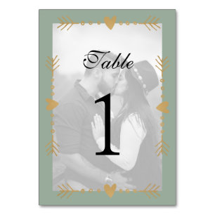 Sage Green Modern Photo Gold Hearts Table Number