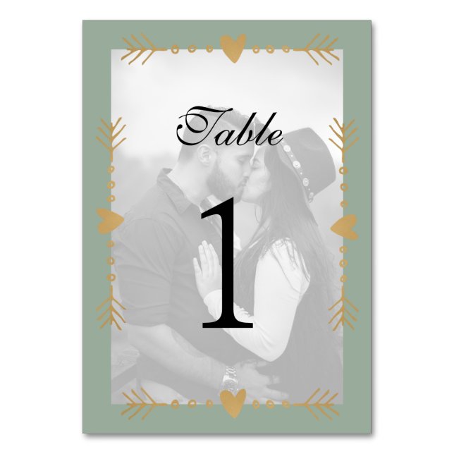 Sage Green Modern Photo Gold Hearts Table Number (Front)