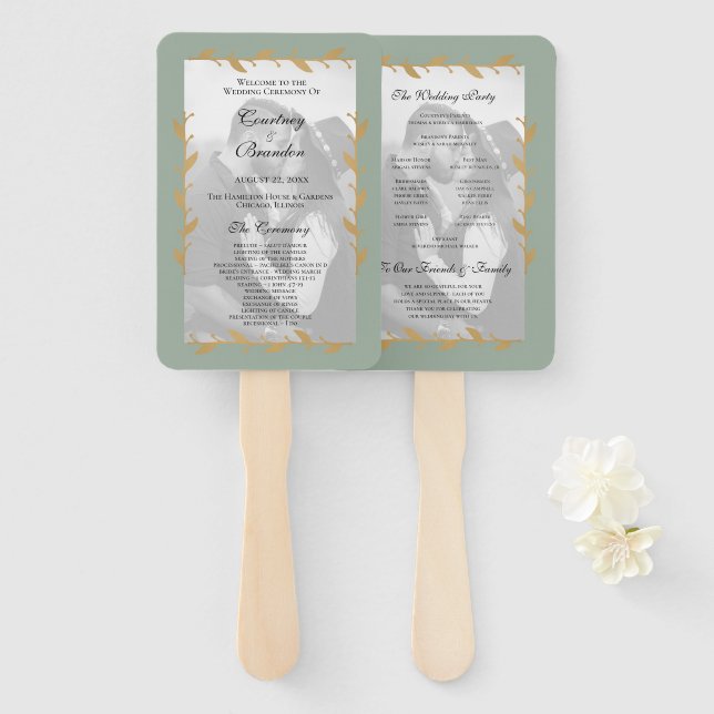 Sage Green Modern Photo Gold Leaf Wedding Program Hand Fan (Front and Back)