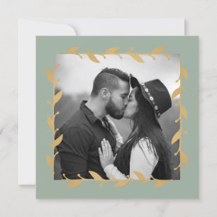 Sage Green Modern Photo Gold Leaves Wedding Invitation
