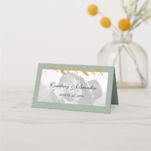 Sage Green Modern Photo Gold Leaves Wedding Place Card