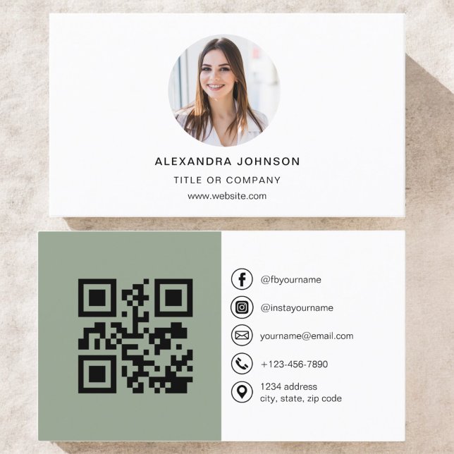 Sage Green Modern Photo with QR Code Social Media Business Card (Creator Uploaded)