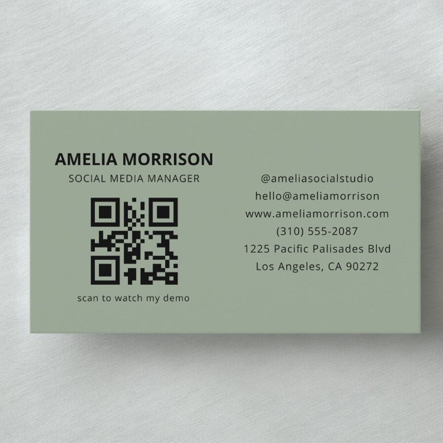 Sage Green Modern QR Code Minimalist Professional Business Card (Creator Uploaded)
