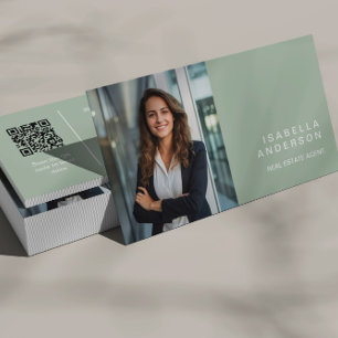 Sage Green Modern Real State Professional Photo QR Business Card