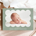Sage Green Modern Scalloped Photo Frame Birth Announcement<br><div class="desc">Simple and modern birth announcement featuring your baby's photo nestled inside of a sage green scalloped frame. Personalize the sage green birth announcement by adding your baby's name and additional information in white lettering. The back of the card features a sage and white minimal stripe design.</div>