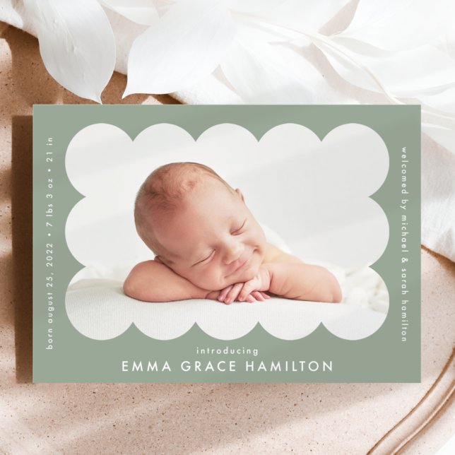 Sage Green Modern Scalloped Photo Frame Birth Announcement (Creator Uploaded)