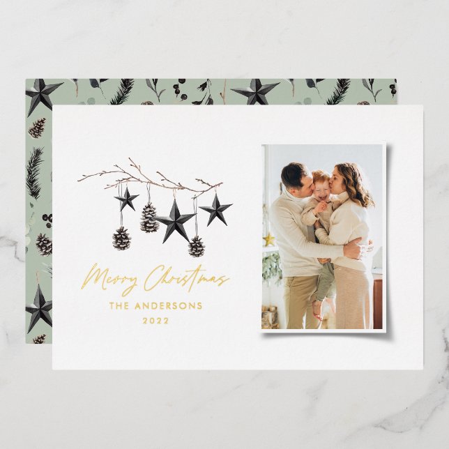 sage green modern scandi script Christmas photo  Foil Holiday Card (Front/Back)