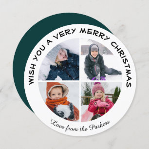 Sage Green Modern Script 4 Photo Minimalist Circle Holiday Card