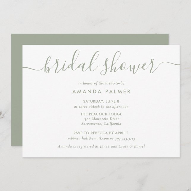 Sage Green Modern Script Bridal Shower Invitation (Front/Back)
