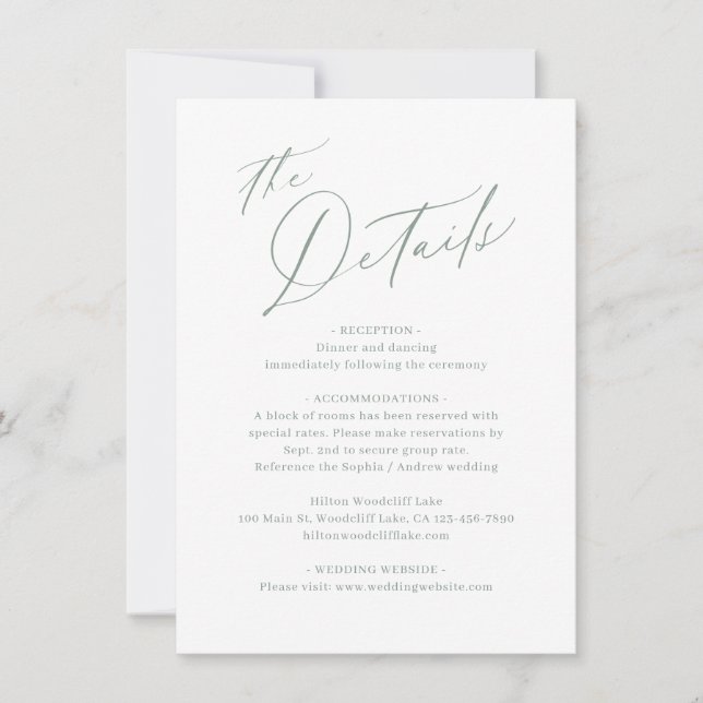 Sage Green modern script minimal wedding details Card (Front)