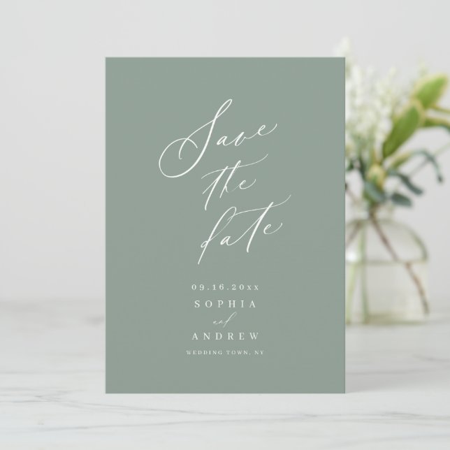 Sage Green modern script minimalist save the date (Standing Front)