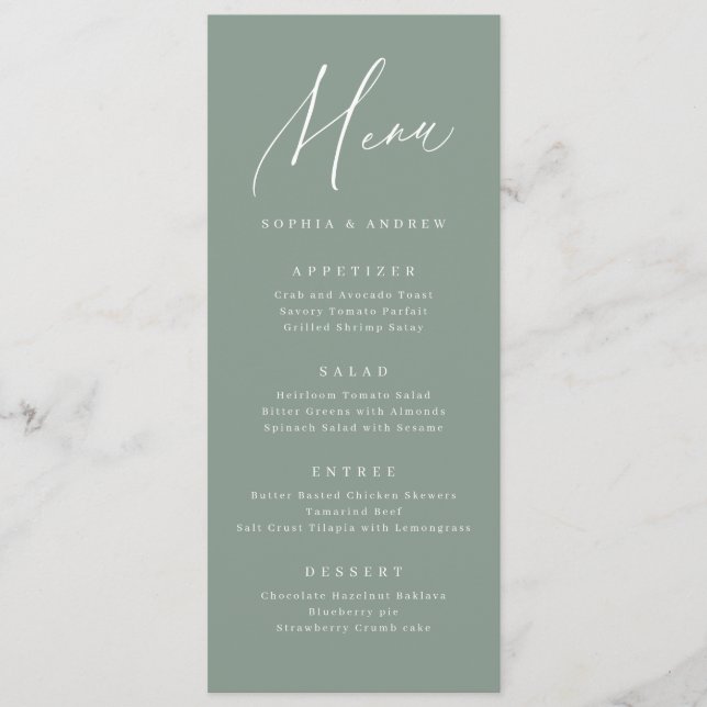 Sage Green modern script minimalist wedding Menu (Front)