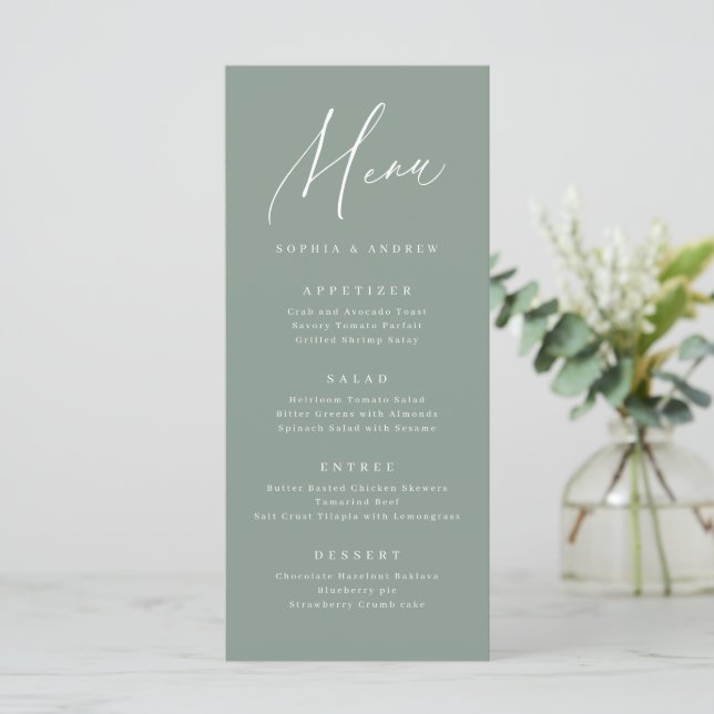 Sage Green modern script minimalist wedding Menu (Standing Front)