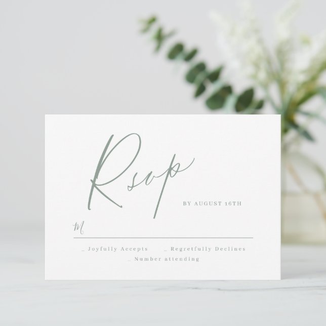 Sage Green modern script minimalist wedding RSVP (Standing Front)