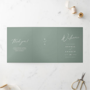 Sage Green modern script minimalist wedding Tri-Fold Programme