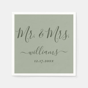 Sage Green Modern Script Mr. and Mrs. Wedding Napkin