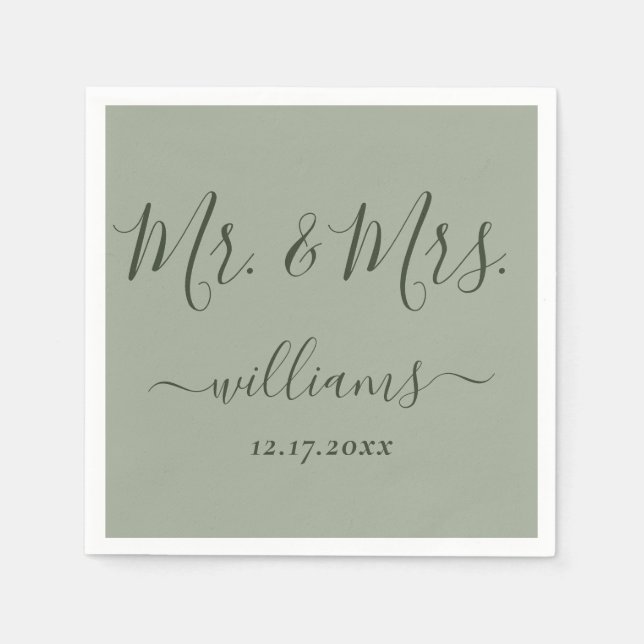 Sage Green Modern Script Mr. and Mrs. Wedding Napkin (Front)