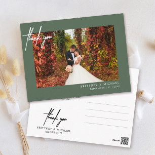 Sage Green Modern Script Photo Wedding Thank You Postcard