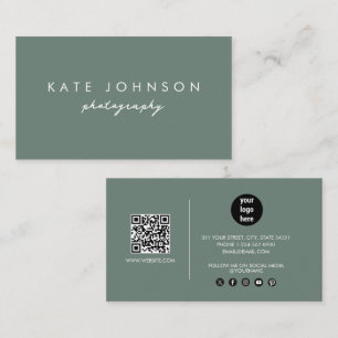 Sage Green Modern Script QR Code Social Media  Business Card