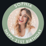 Sage Green Modern Simple Happy 21st Birthday Photo Classic Round Sticker<br><div class="desc">Cute 21st Birthday Happy Birthday Photo stickers for your son or daughter's birthday party. They feature a cute customizable text and image. Perfect for invitations and party bag goodies.</div>