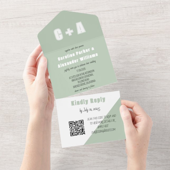 Sage Green Modern Simple QR Code Bold Elegant All In One Invitation (Tearaway)