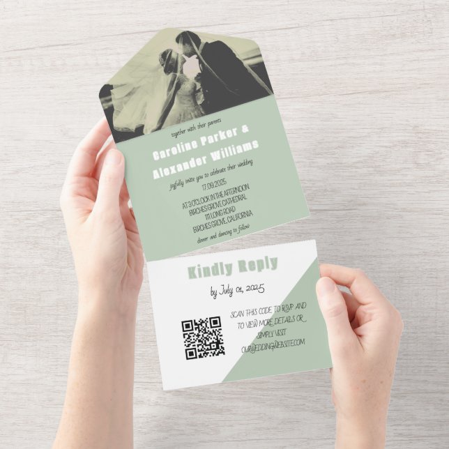 Sage Green Modern Simple QR Code Bold Photo All In One Invitation (Tearaway)