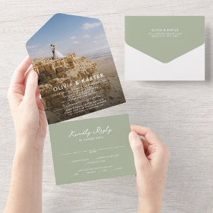 Sage Green Modern Simple Romantic Photo Wedding All In One Invitation