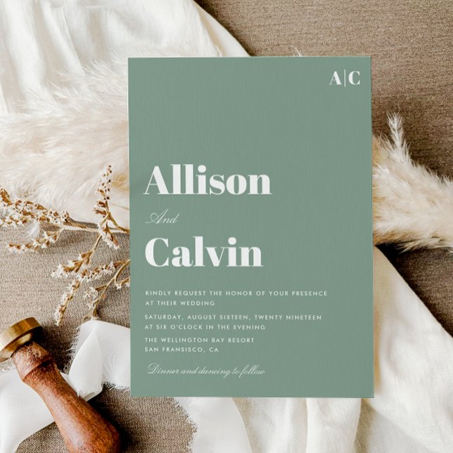 sage green modern text wedding invitation (Creator Uploaded)