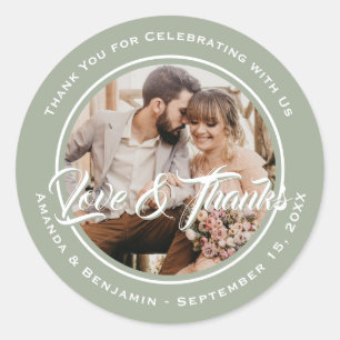 Sage Green Modern Thank You Wedding Photo Favour Classic Round Sticker
