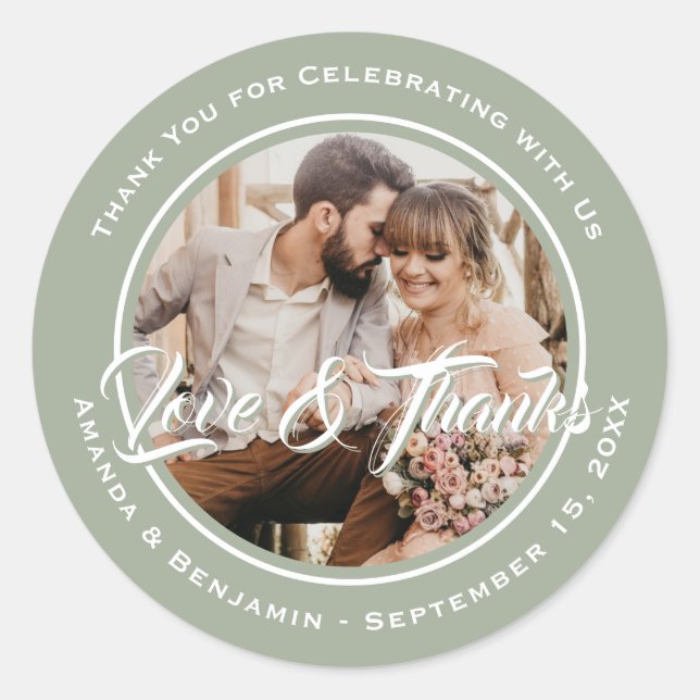Sage Green Modern Thank You Wedding Photo Favour Classic Round Sticker (Front)