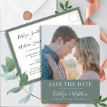 Sage Green Modern Typography Simple Photo Wedding  Announcement Postcard<br><div class="desc">Sage Green Modern Typography Simple Photo Wedding Save The Date Announcement Postcard. Let your family, friends and colleagues know that you have set a date for your wedding celebration with this elegant, stylish and modern wedding save the date invitation card. All the texts are pre-arranged for you to personalize easily...</div>