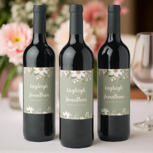Sage Green Modern Watercolor Floral Wedding Wine Label
