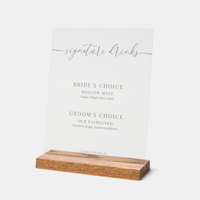 Sage Green Moderne Élégant Mariage Signature Boiss (Angle)