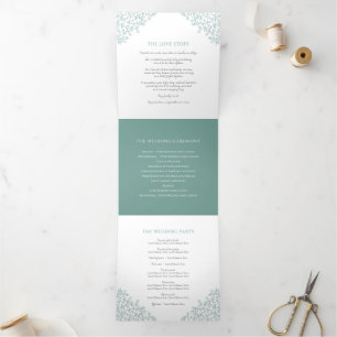 Sage green monogram art story dedication wedding Tri-Fold programme