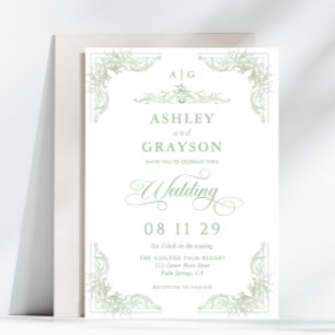 Sage Green Monogram Baroque Wedding Invitation