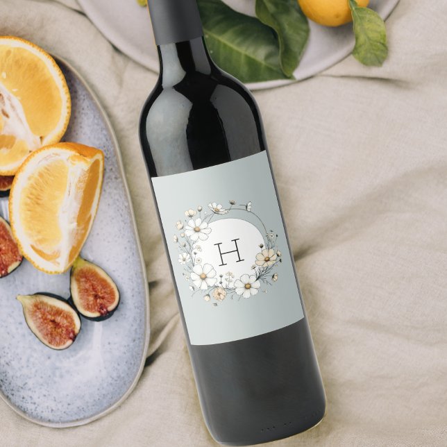 Sage Green Monogram Boho Flowers Personalized Wine Label (Creator Uploaded)