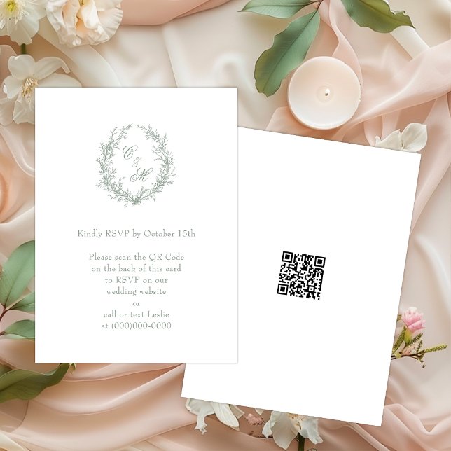 Sage Green Monogram Botanical Wreath QR Code Enclosure Card (Creator Uploaded)