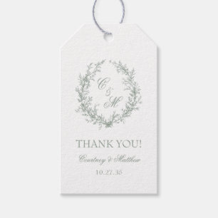 Sage Green Monogram Botanical Wreath Thank You Gift Tags