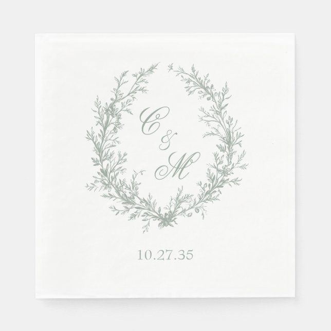 Sage Green Monogram Botanical Wreath Wedding Napkin (Front)