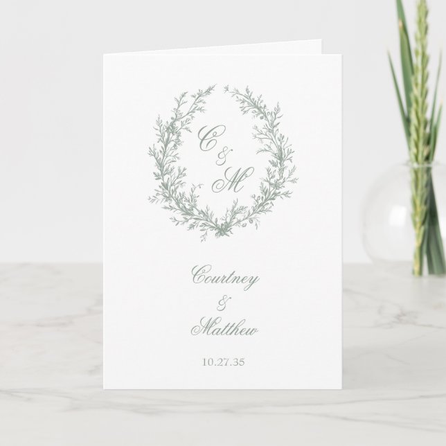 Sage Green Monogram Botanical Wreath Wedding Program (Front)